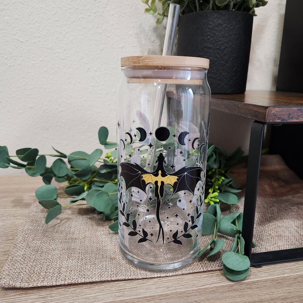 Fourth Wing Dragon Glass Can Tumbler With Bamboo Lid Straw Fantasy Bookish Cup